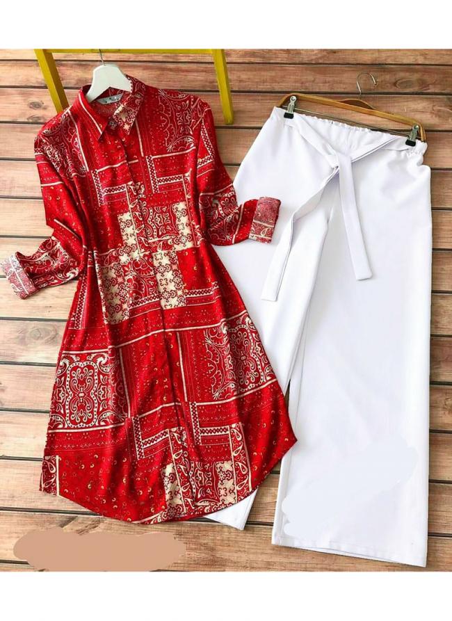 Rayon Red Casual Wear Printed Readymade Kurti With Plazzo